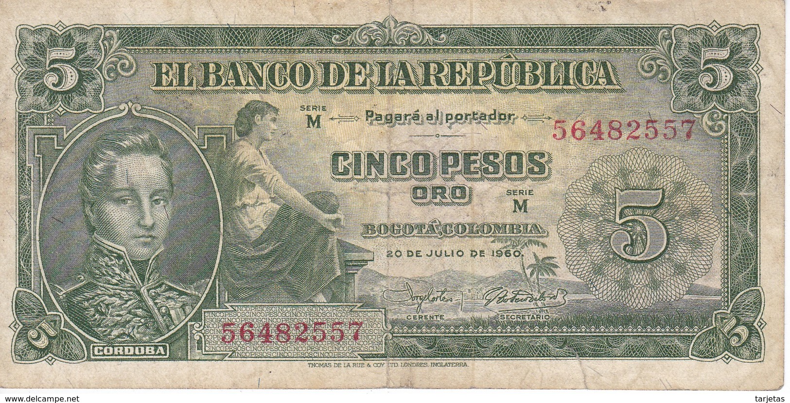 BILLETE DE COLOMBIA DE 5 PESOS DEL AÑO 1960  (BANKNOTE) - Colombia