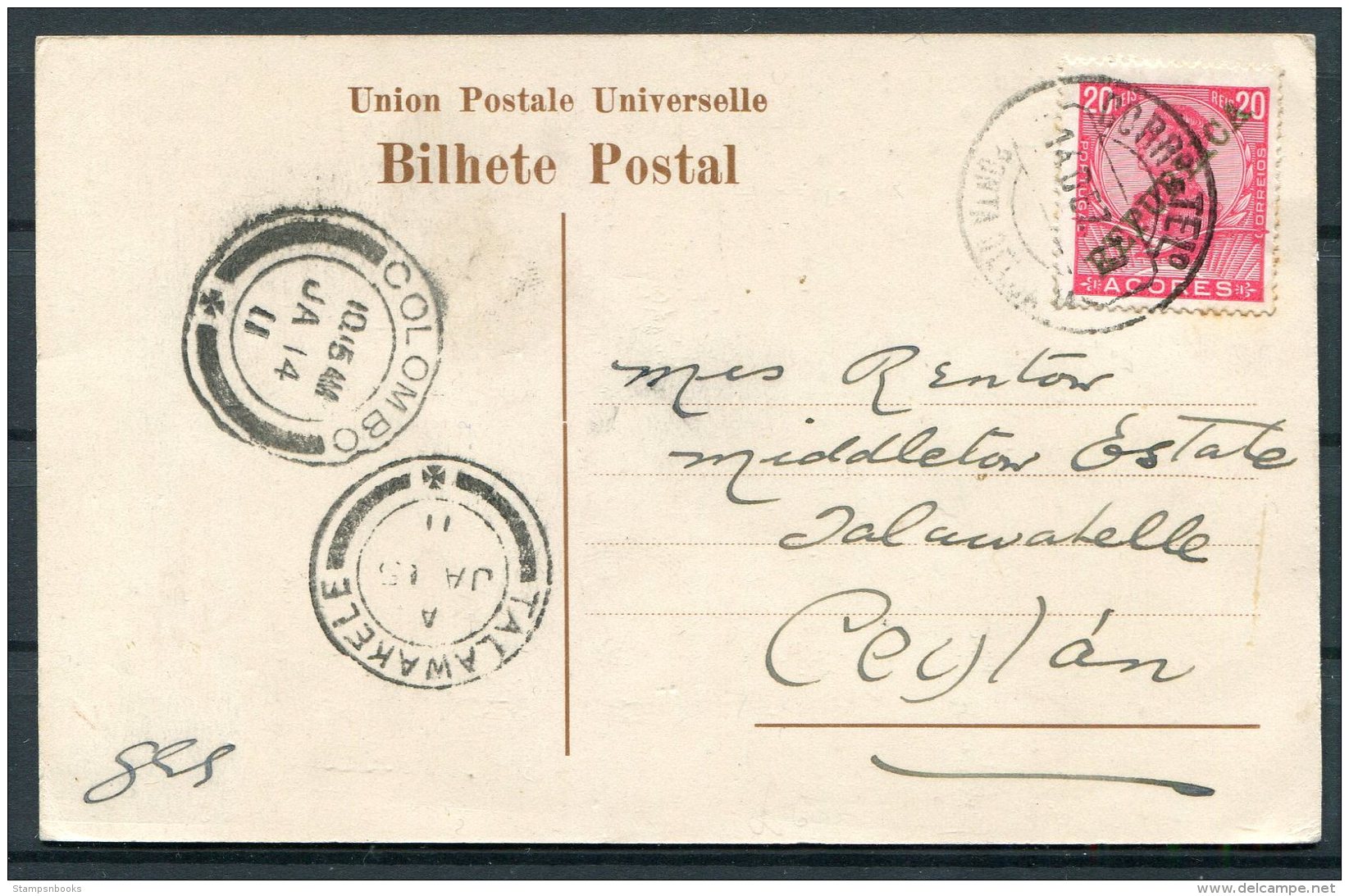 1911 Azores S. Miguel Postcard -  Renton, Middleton Estate, Talawakele Ceylon Via Colombo. Tea Plantation - Azores