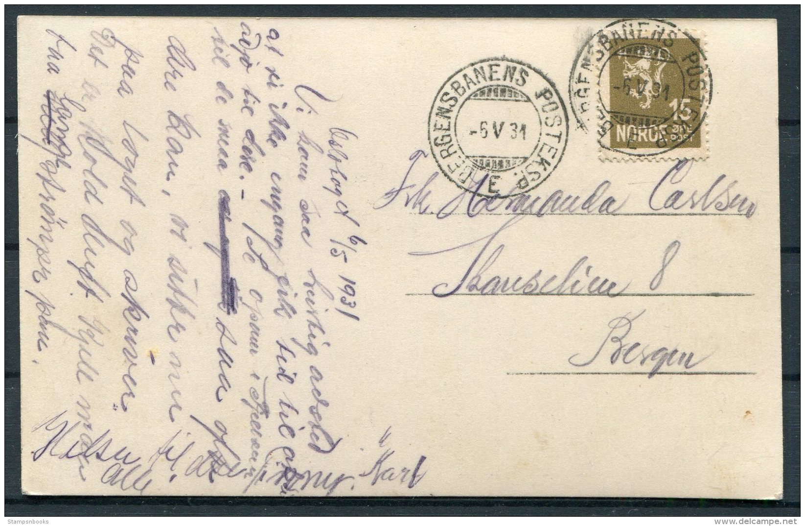 1931 Norway Traengereid Postcard. Bergensbanens TPO Railway - Bergen. - Covers & Documents