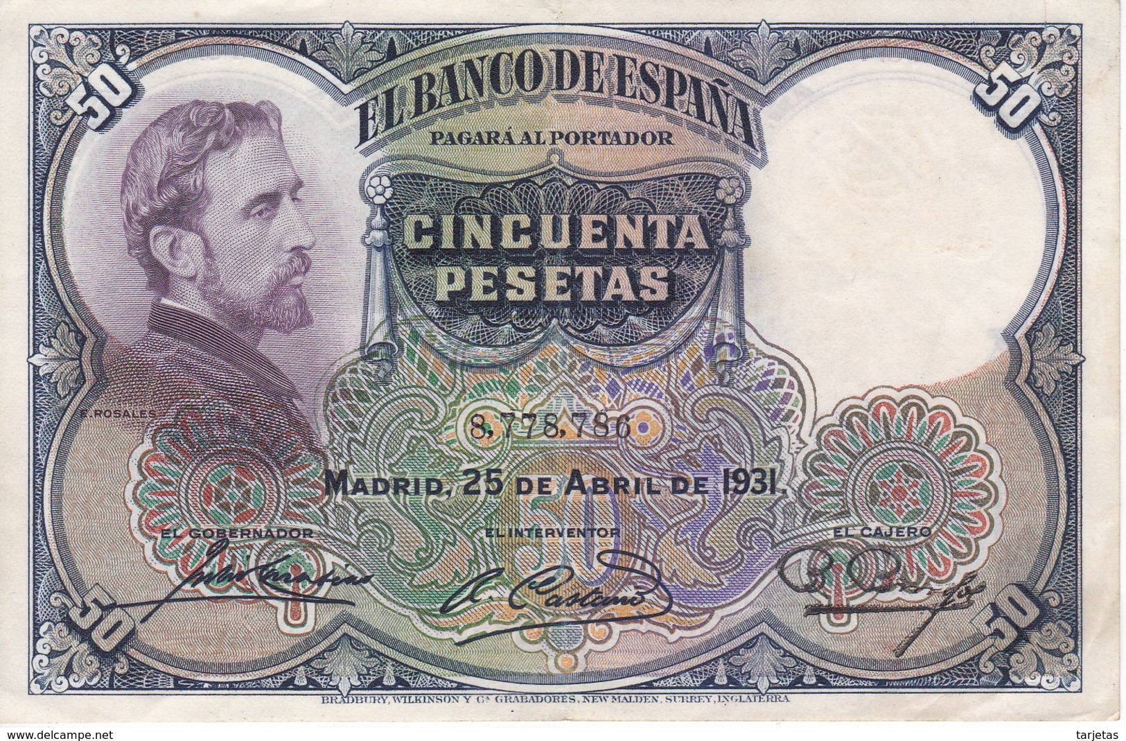 BILLETE DE 50 PTAS DEL AÑO 1931 DE  E. ROSALES SIN SERIE CALIDAD MBC (VF)  (BANKNOTE) - 50 Pesetas