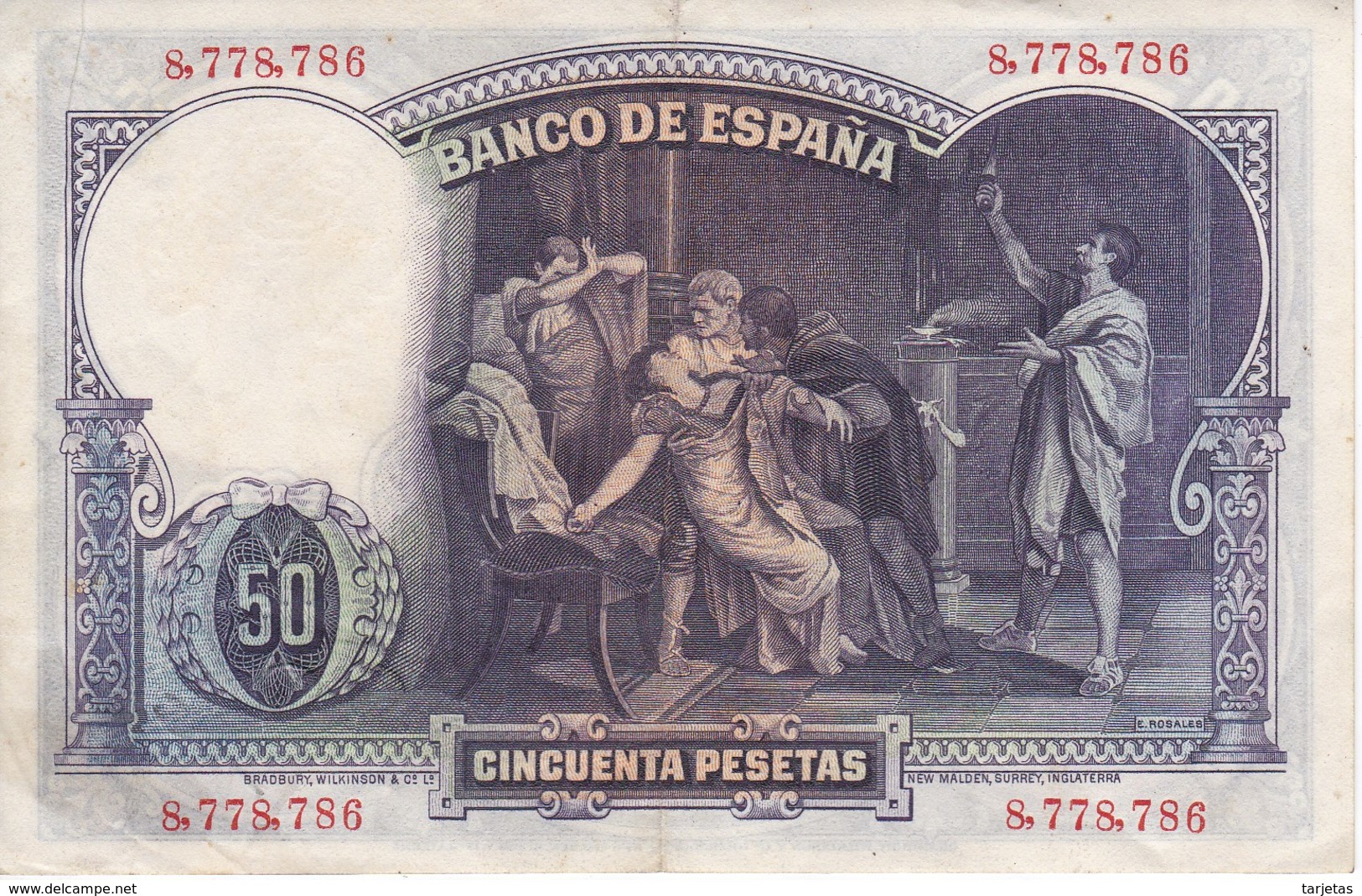 BILLETE DE 50 PTAS DEL AÑO 1931 DE  E. ROSALES SIN SERIE CALIDAD MBC (VF)  (BANKNOTE) - 50 Pesetas