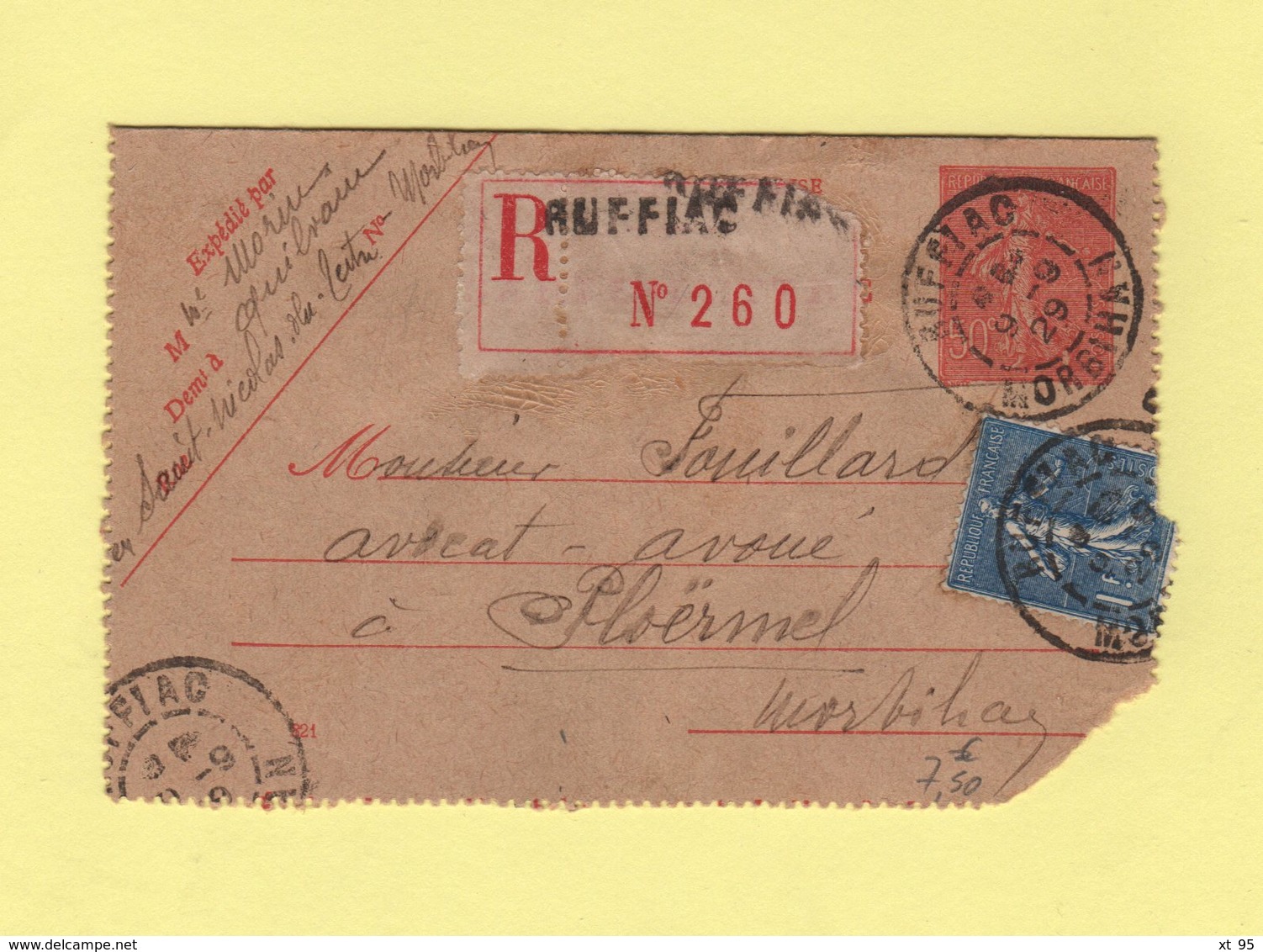 Ruffiac - Morbihan - Carte Lettre Recommandee Destination Ploermel - 9-9-1929 - 1921-1960: Moderne