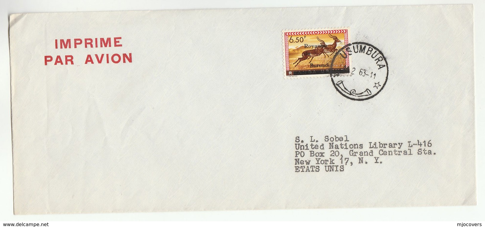 1963 Usumbura BURUNDI To UN NY USA COVER Franked 6.50f Ovpt Stamps,  United Nations - Oblitérés