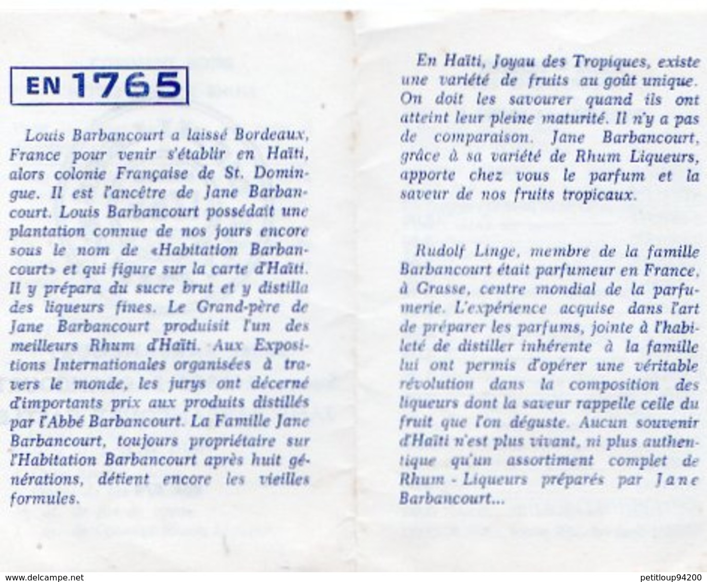 DOCUMENT COMMERCIAL DISTILLERIE JANE BARBANCOURT Rhum-Liqueur HAITI  W.I. ANNEE 1979 330 - Autres & Non Classés