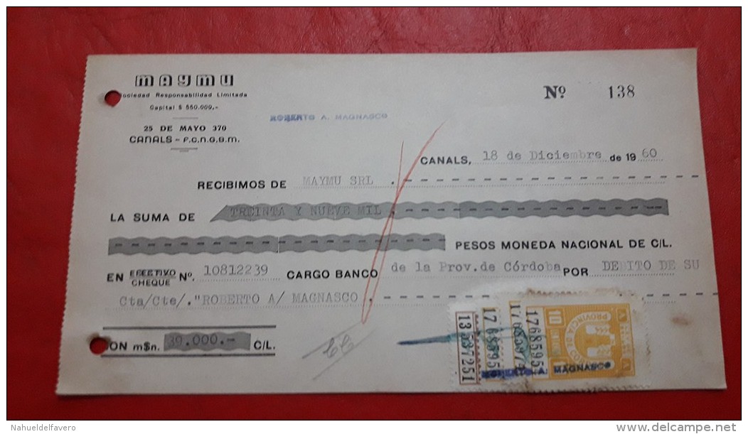 Argentina Documento Con Sello Fiscal Cordoba - Dienstmarken