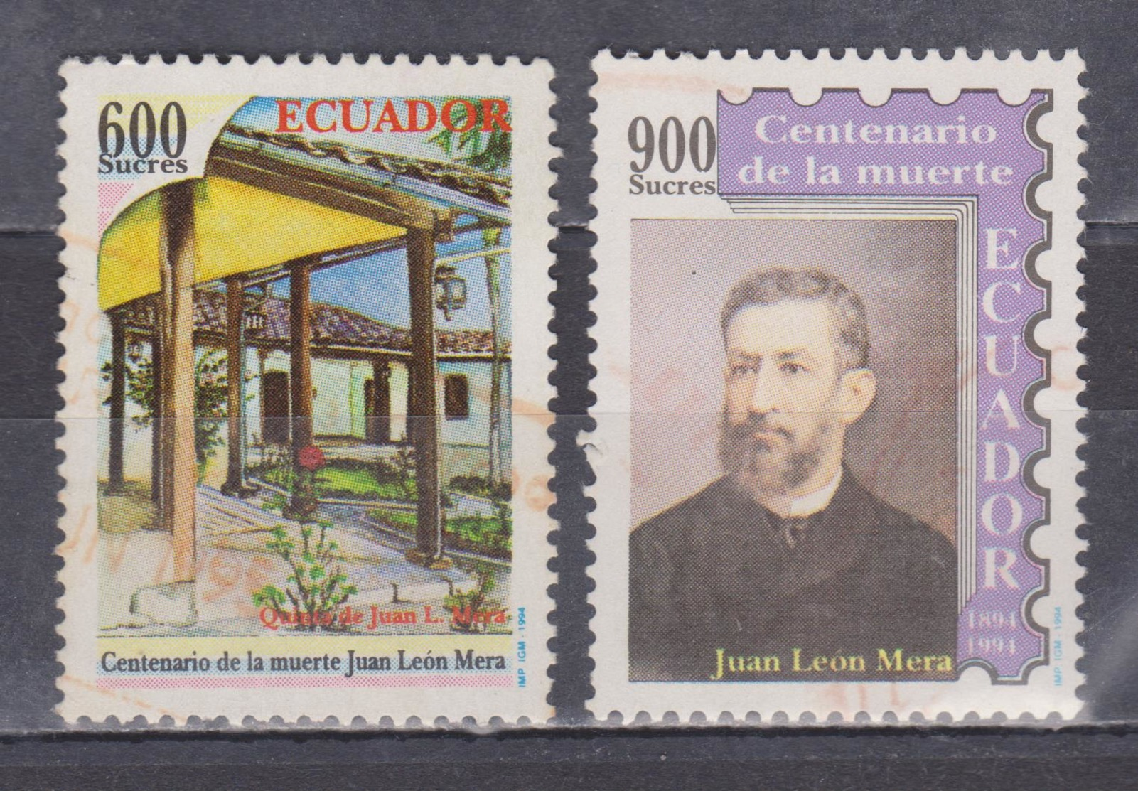 ECUADOR 1994 JUAN LEON MERA NATIONAL ANTHEM COMPOSER DEATH CENTENARY CANCELLED SC# 1356-1357 - Equateur