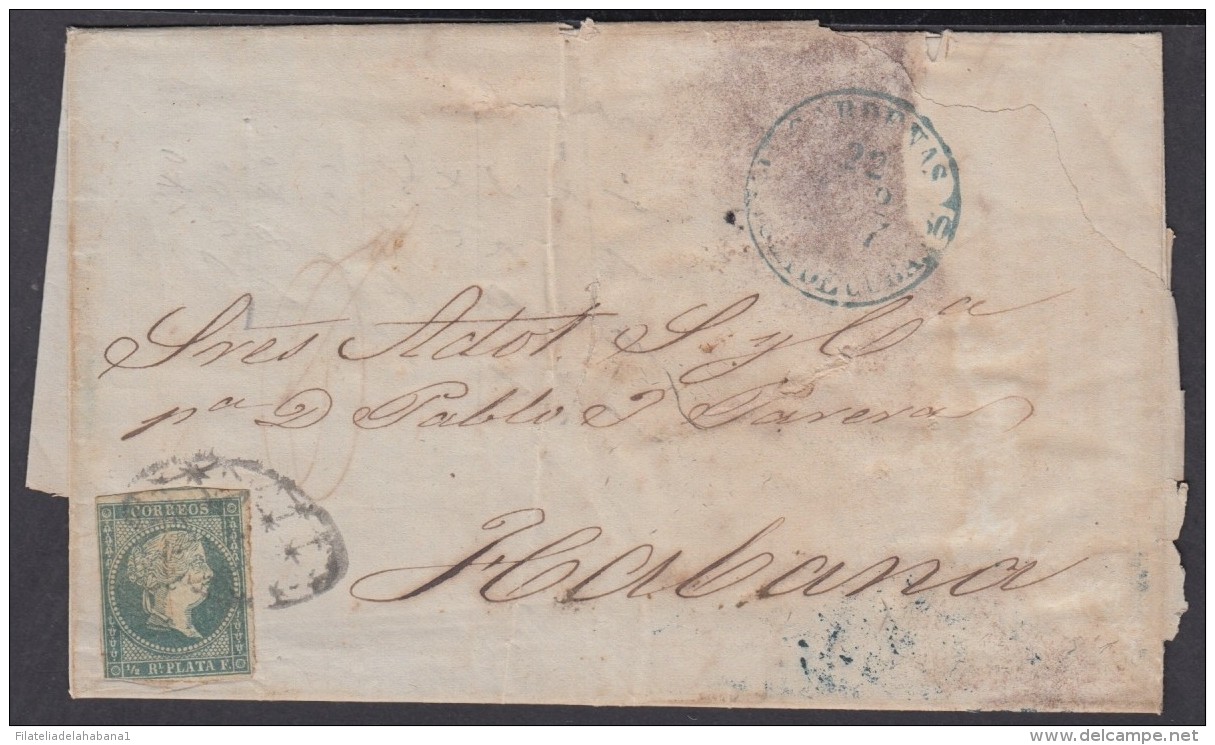 1855-H-128 CUBA. 1855. ISABEL II. MEDIO REAL CARDENAS BAEZA GREEN COVER. - Prephilately