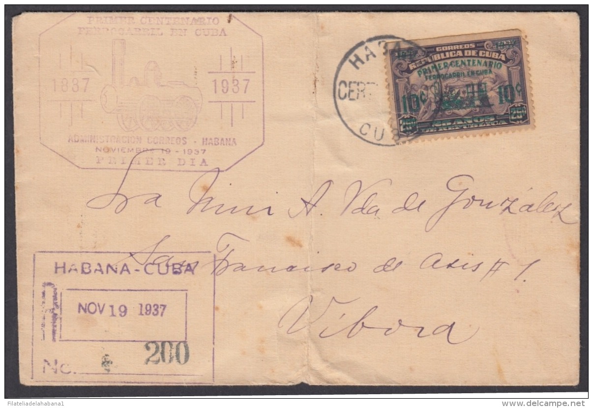 1937-FDC-112 CUBA ANTILLES FDC. 1937. CENT FERROCARRIL RAILROAD RAILWAYS. REGISTERED COVER. - FDC