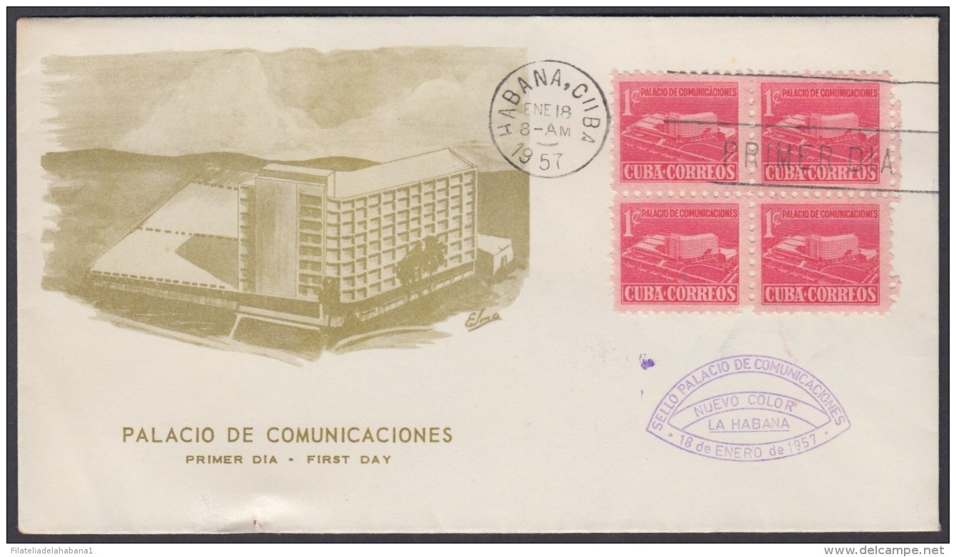 1957-FDC-127 CUBA ANTILLES FDC. 1957. PALACIO DE COMUNICACIONES. ELMO CACHET. BLOCK 4. - FDC