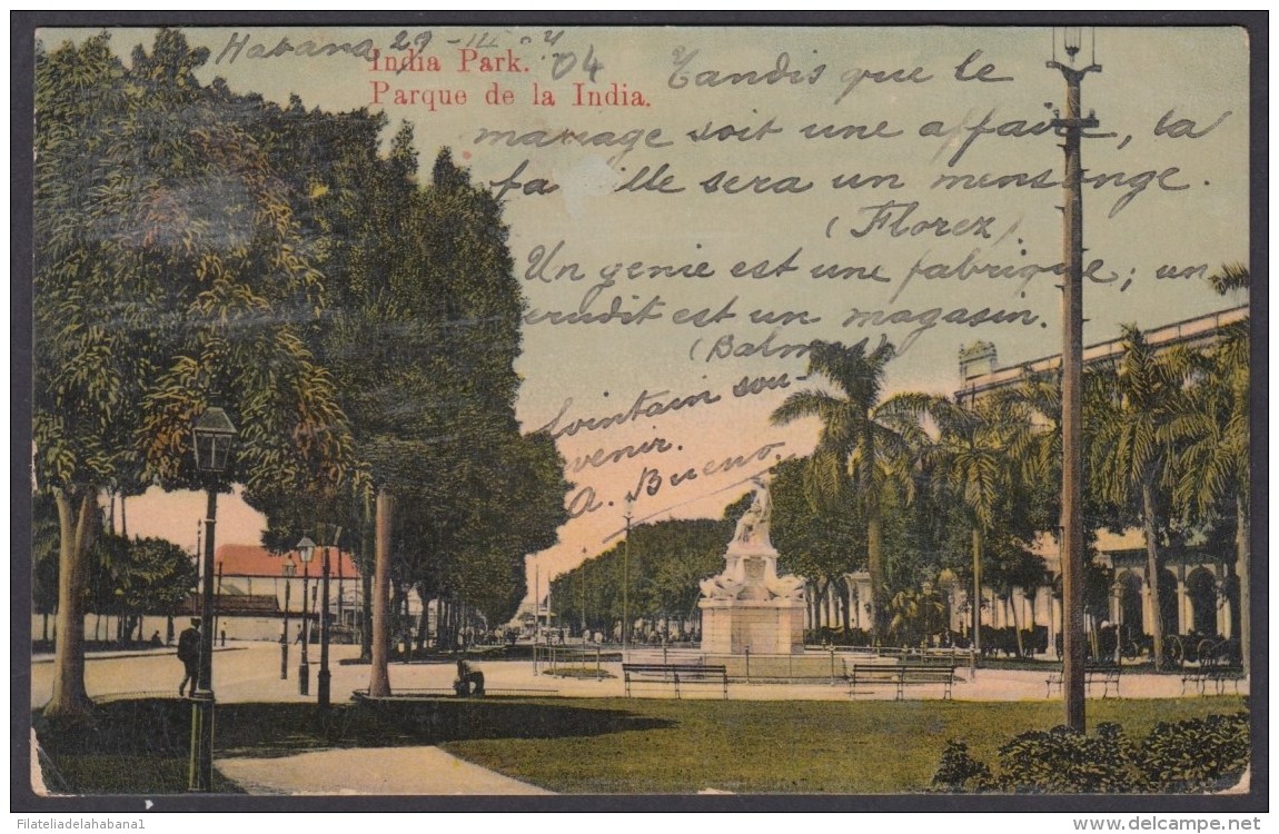 POS-994 CUBA ANTILLES 1907 POSTCARD PARQUE DE LA INDIA PARK. PASEO DEL PRADO TO FRANCE. - Cuba