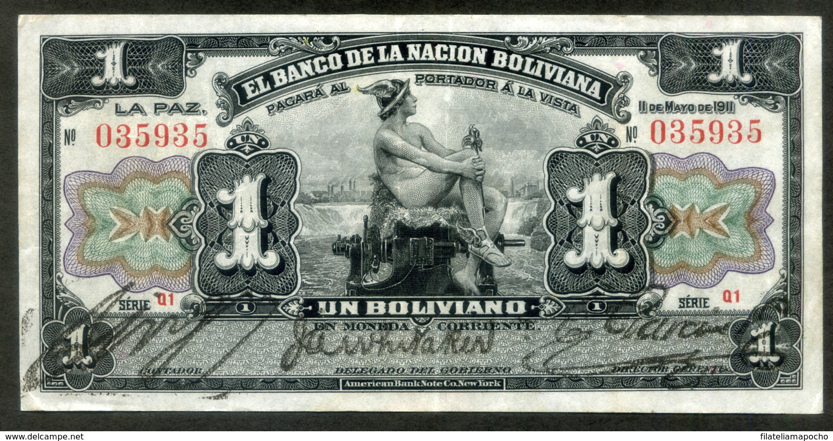 BOLIVIA BILLETES; 1911 - "1 BOLIVIANO" DENOMINADOS “MERCURIOS”. - Bolivia