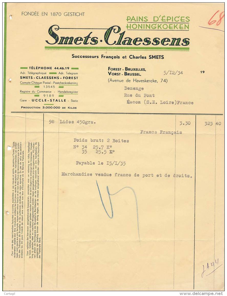 AC-B3361-Factures/Documents Commerciaux Smets Claessens Bruxelles Belgique   (Précisions Sté, état... Voir Scan) - Food
