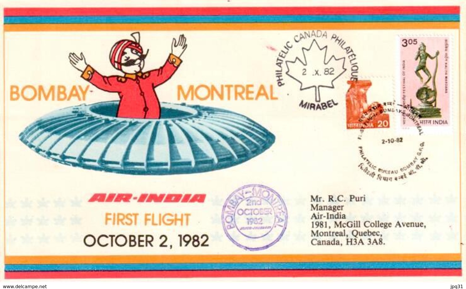 Enveloppe 1er Vol Air India Bombay Montréal 02/10/1982 - Avions