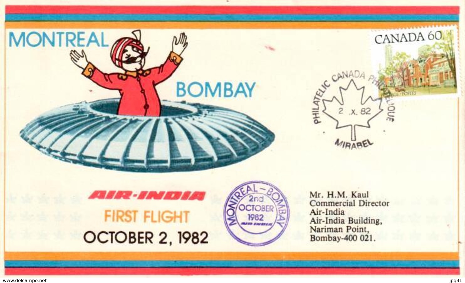 Enveloppe 1er Vol Air India Montréal Bombay 02/10/1982 - Avions