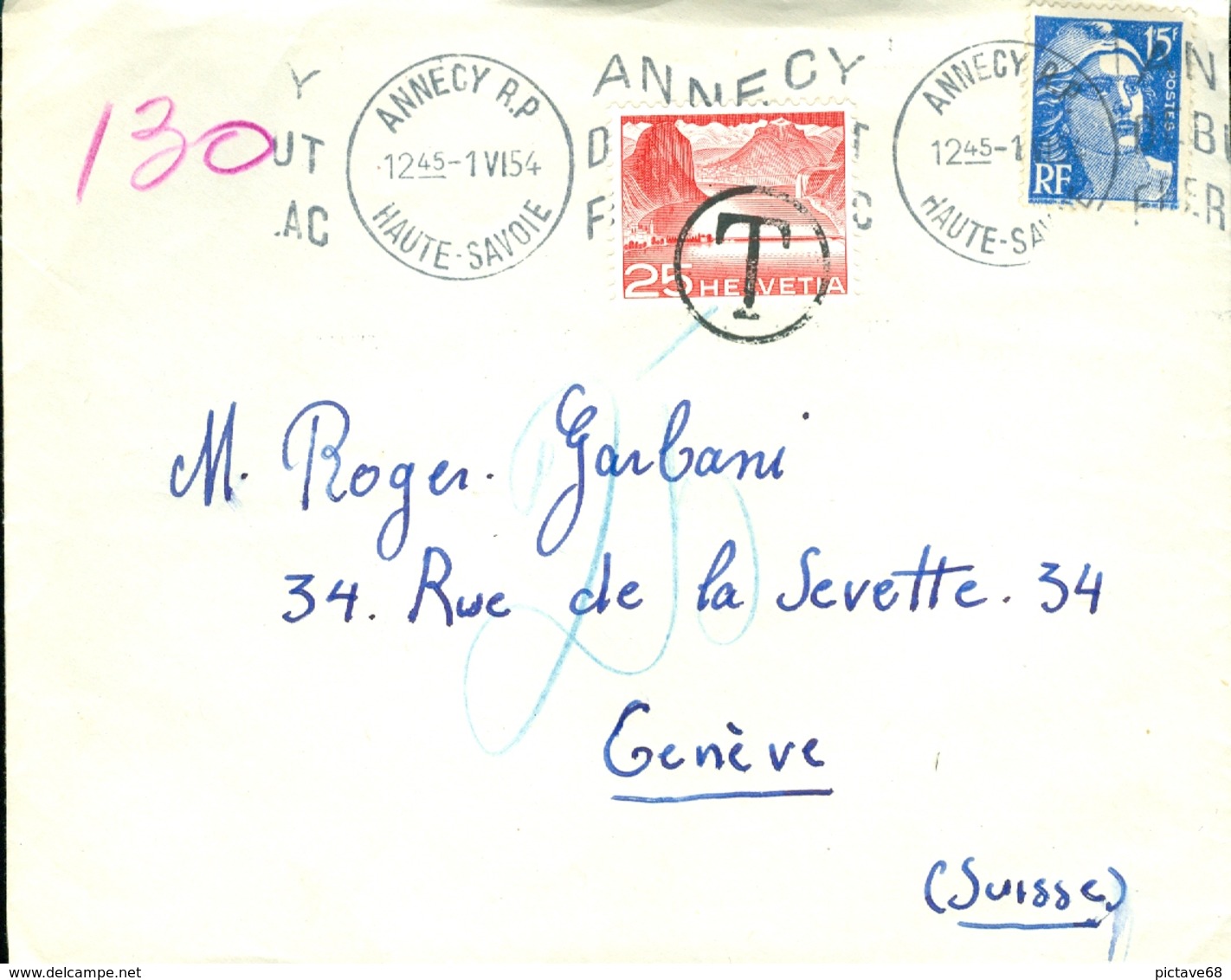 France15--enveloppe De France à Destination De Genève, Taxée à L 'arrivée - 1859-1959 Storia Postale