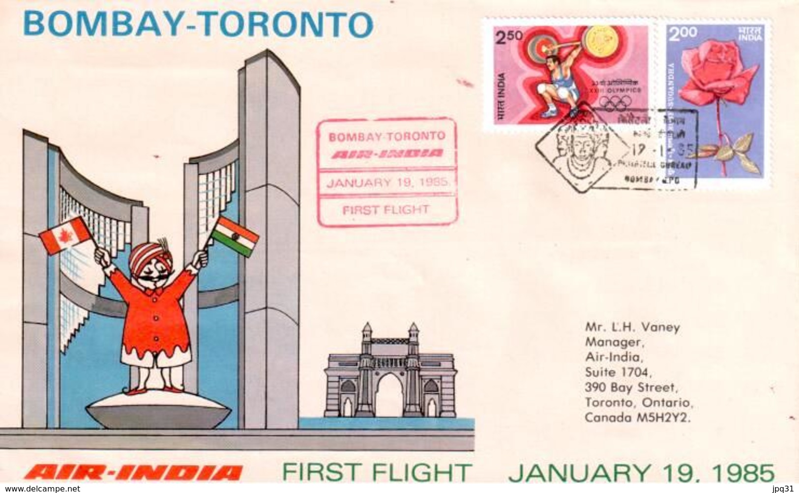 Enveloppe 1er Vol Air India Bombay Toronto 19/01/1985 - Aerei