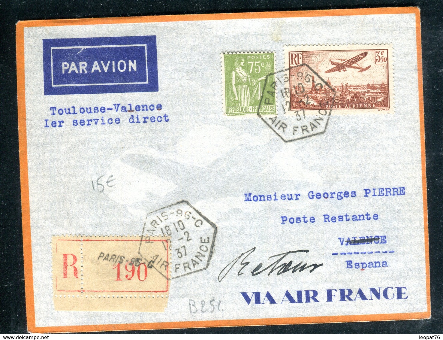 Enveloppe En Recommandé De Paris Pour L 'Espagne En 1937 Par 1 Er Vol Toulouse / Valence - 1960-.... Lettres & Documents