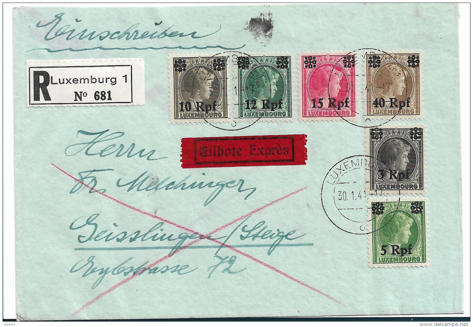 Lux170 / Luxemburg,  Eilbotenbrief Mit 6 Marken Nach Geisslingen (Deutschland) - 1940-1944 Ocupación Alemana