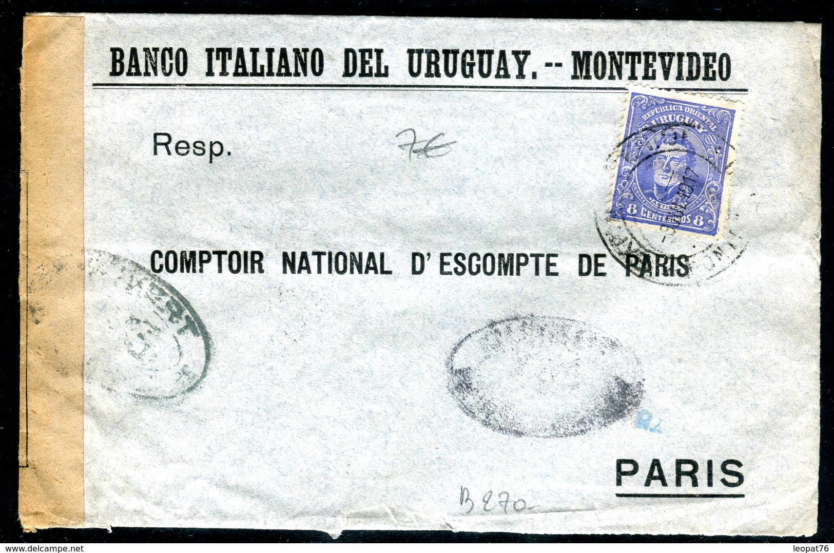 Uruguay - Enveloppe Commerciale Pour Paris En 1917 Avec Contrôle Postal - Uruguay