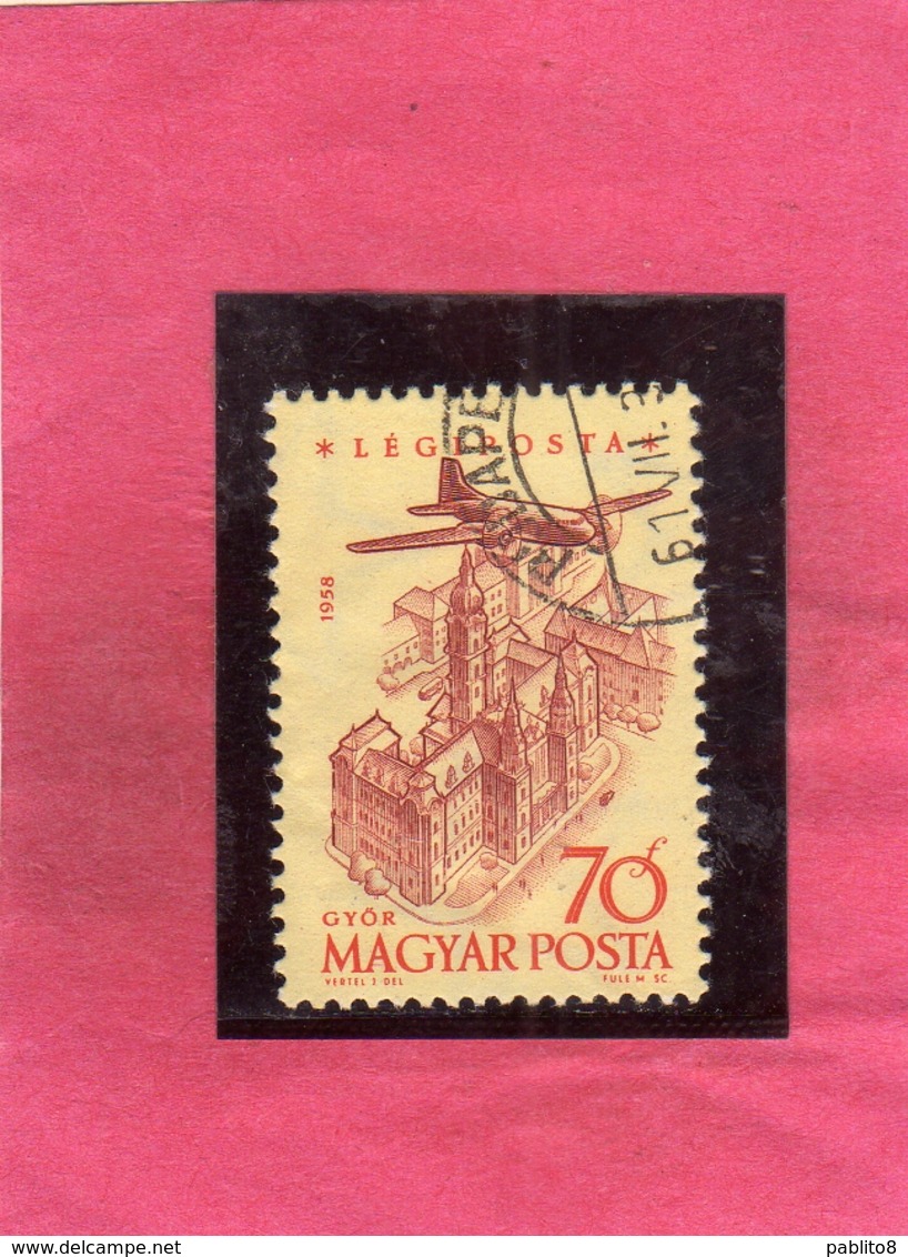 HUNGARY UNGHERIA MAGYAR 1958 AIR MAIL POSTA AEREA POST STAMPS Plane Over Heroes GYOR 70f USATO USED OBLITERE' - Usati