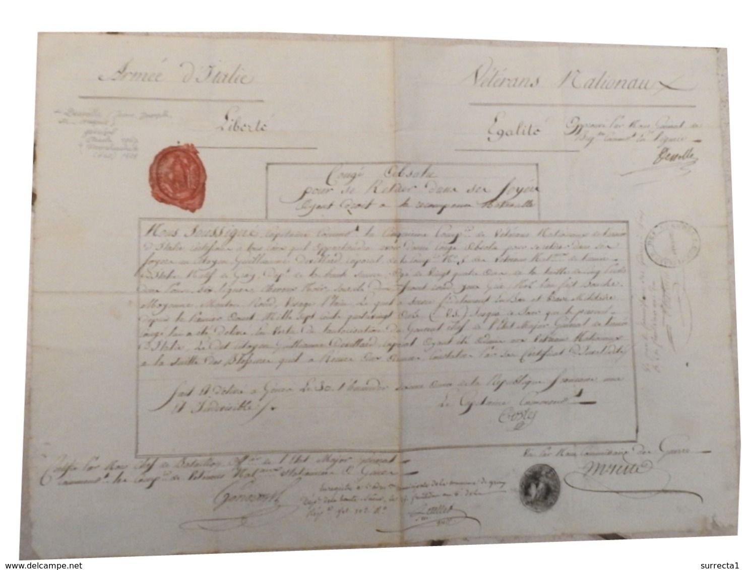 Armée D' Italie / Attribution 1793 CONGE ABSOLU Caporal Suite Blessures / Vétérans Nationaux / Citoyen Devillard Gray 70 - Documents