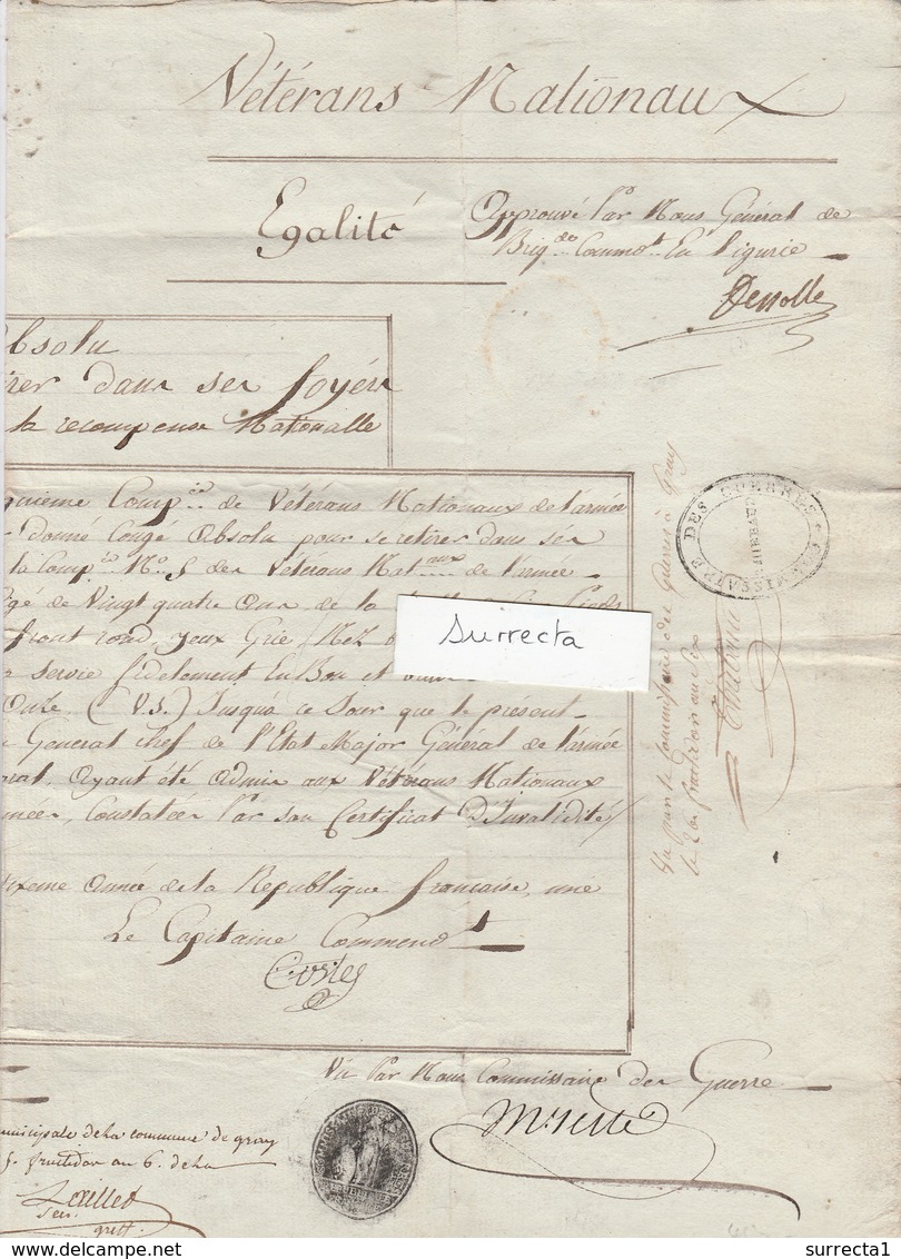 Armée D' Italie / Attribution 1793 CONGE ABSOLU Caporal Suite Blessures / Vétérans Nationaux / Citoyen Devillard Gray 70 - Documents