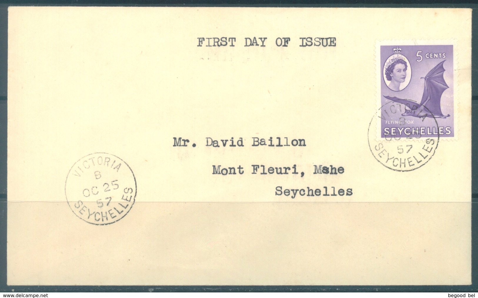 SEYCHELLES -  FDC - 25.10.1957 - FLYING FOX CHAUVE-SOURIS  - Yv 167 -  Lot 17756 - Seychellen (...-1976)