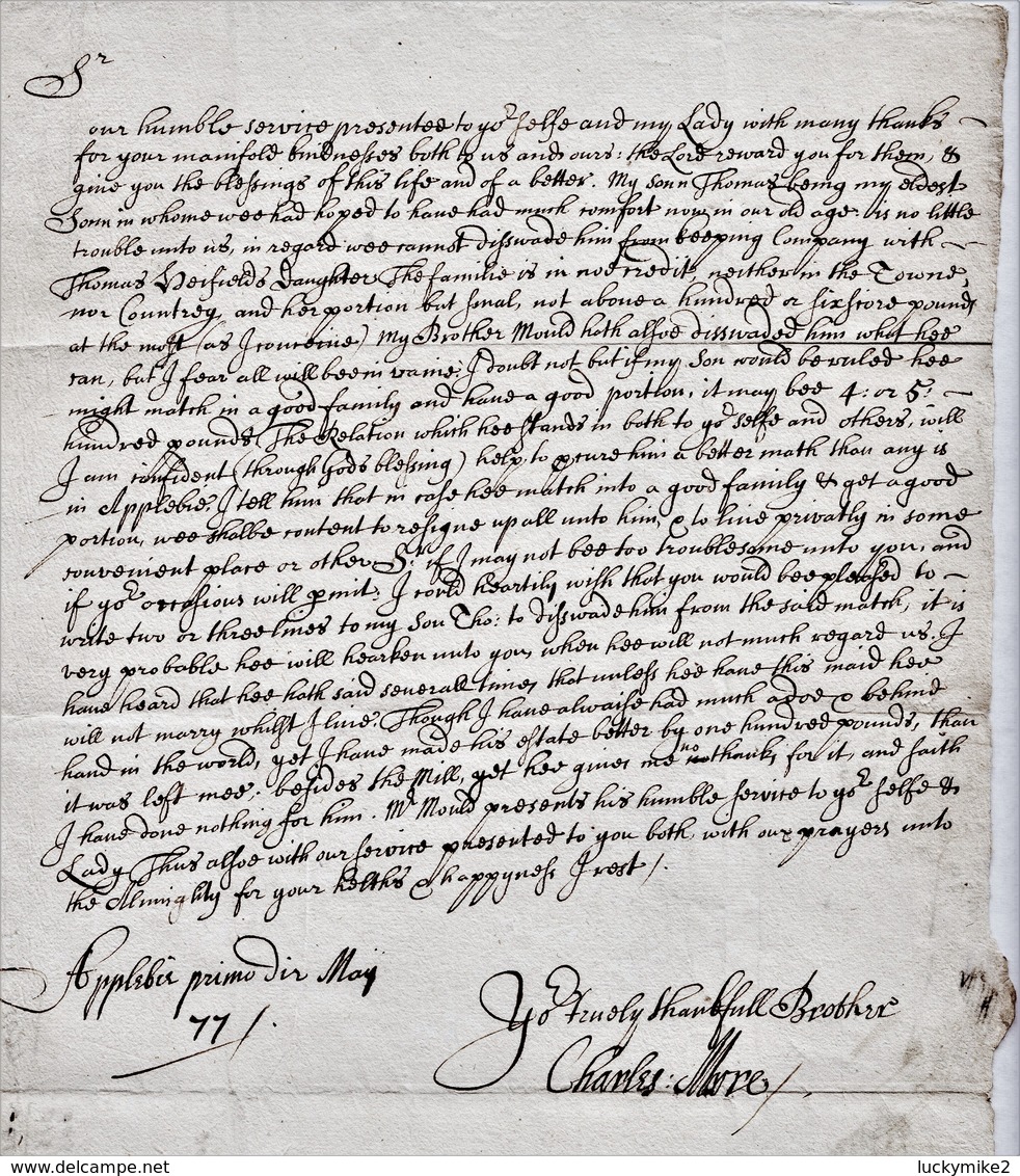 1677 Letter From Charles Moore, Appleby To Brother Sir John (Lord Mayor Of London) Re Thomas Droifield's Daughter   0569 - Other & Unclassified