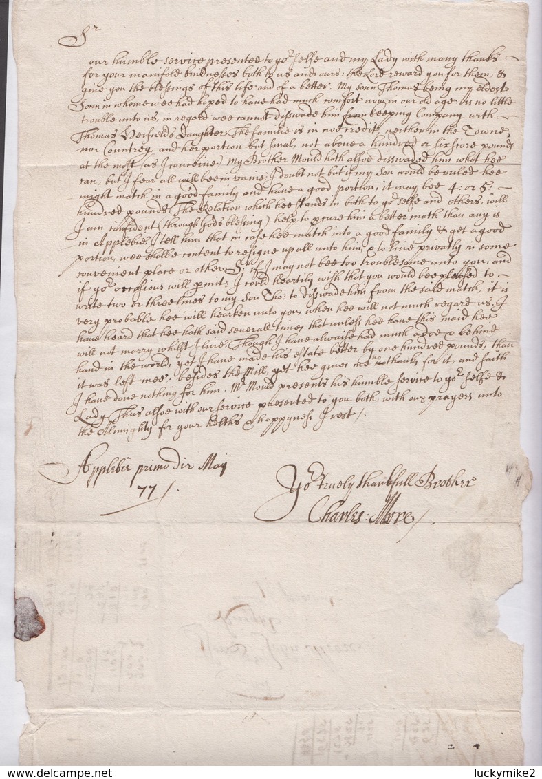 1677 Letter From Charles Moore, Appleby To Brother Sir John (Lord Mayor Of London) Re Thomas Droifield's Daughter   0569 - Other & Unclassified
