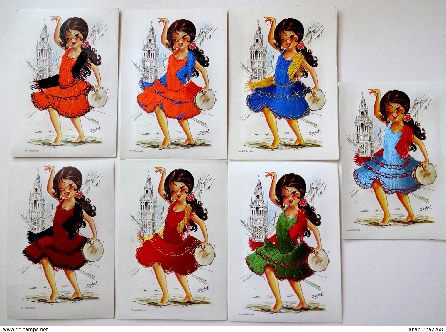 CP ESPAGNE  7 CARTES BRODEES ASSORTIES ANDALUZA    ILLUSTRATION ISABEL - Brodées
