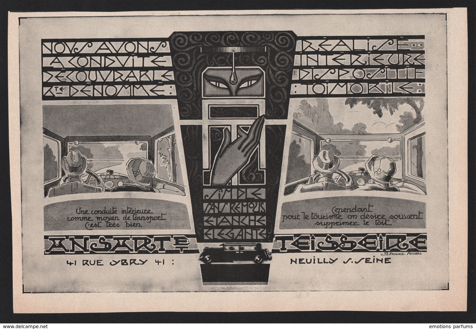 Publicité Papier 1927 Automobile ANSART & TEISSEIRE Neully Sur Seine Automobiles Voiture - Pubblicitari