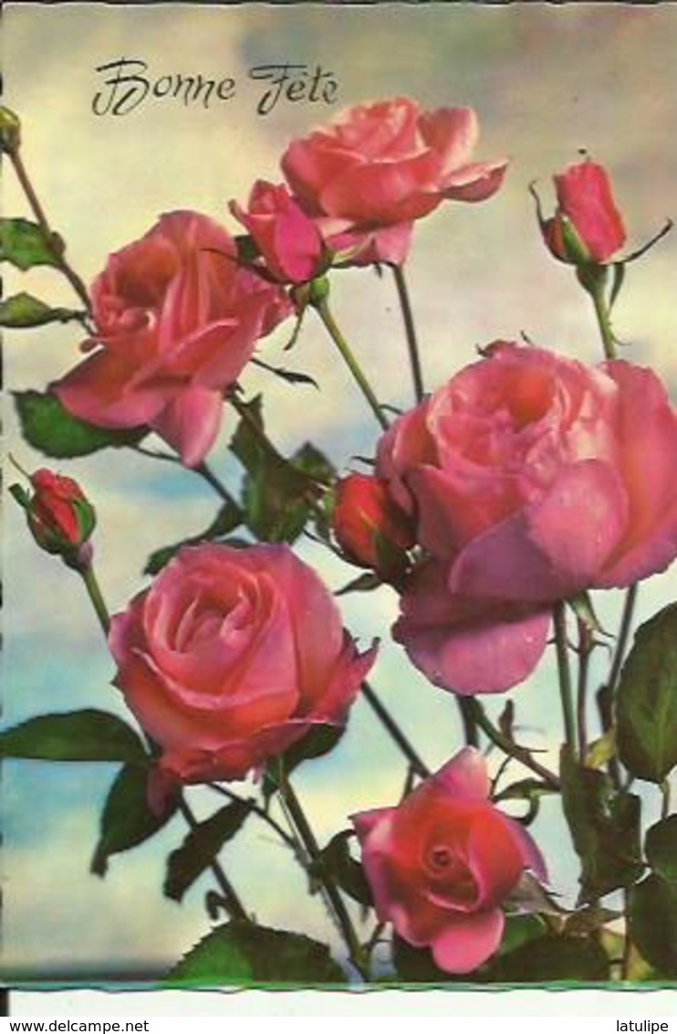 Carte Glacée  De  Bonne Fete Avec Un Bouquet De Roses - Autres & Non Classés