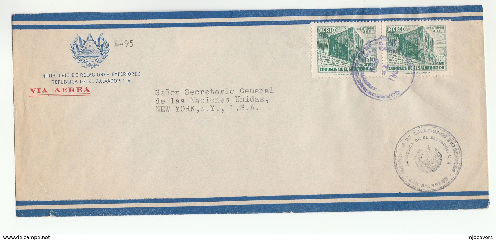 1950s EL SALVADOR FOREIGN MINISTRY To UNITED NATIONS SECRETARY GENERAL USA COVER Airmail Stamps Un - El Salvador