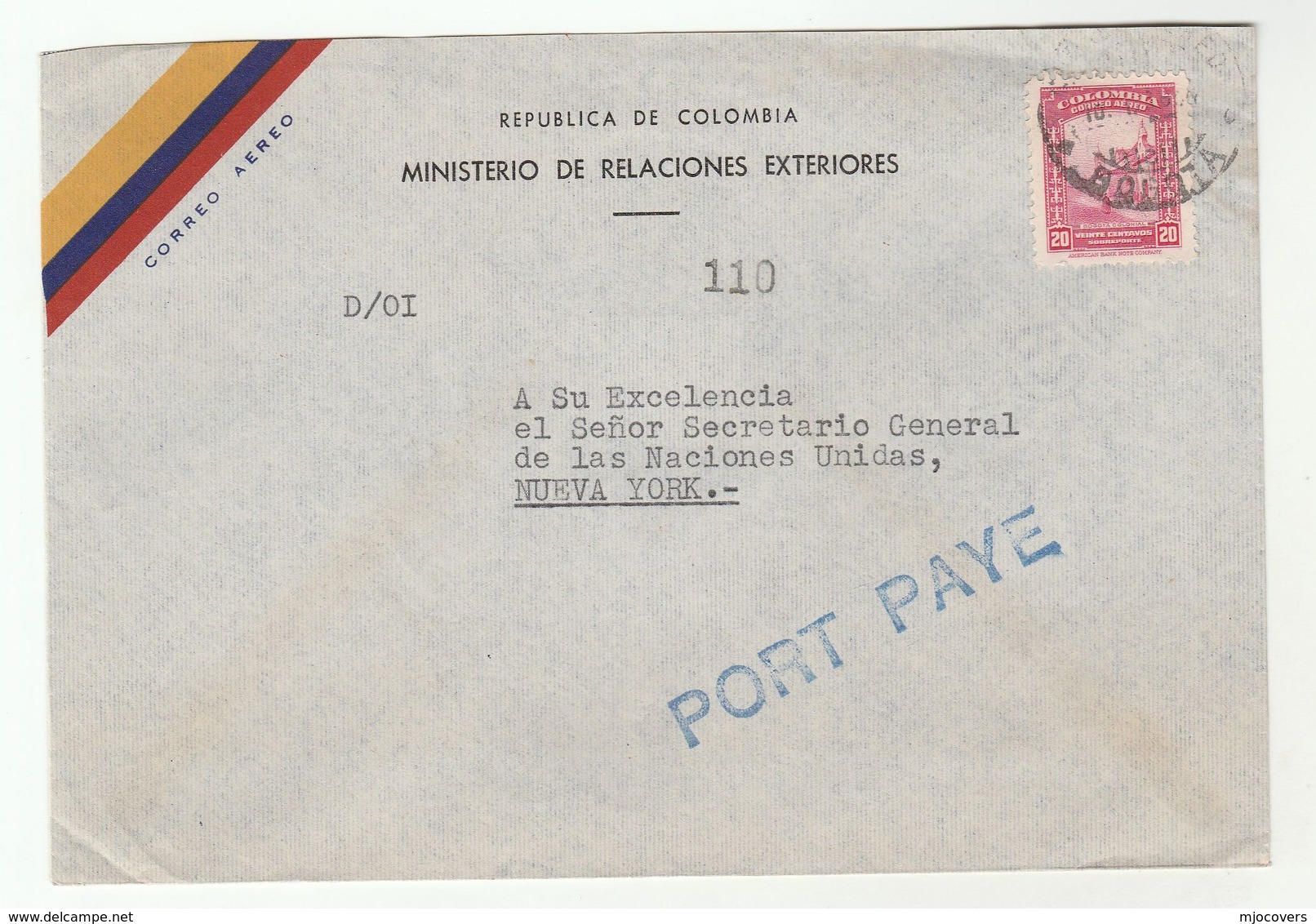 1950s COLOMBIA  FOREIGN MINISTRY To UNITED NATIONS SECRETARY GENERAL USA Cover Stamps Airmail Un - Colombia