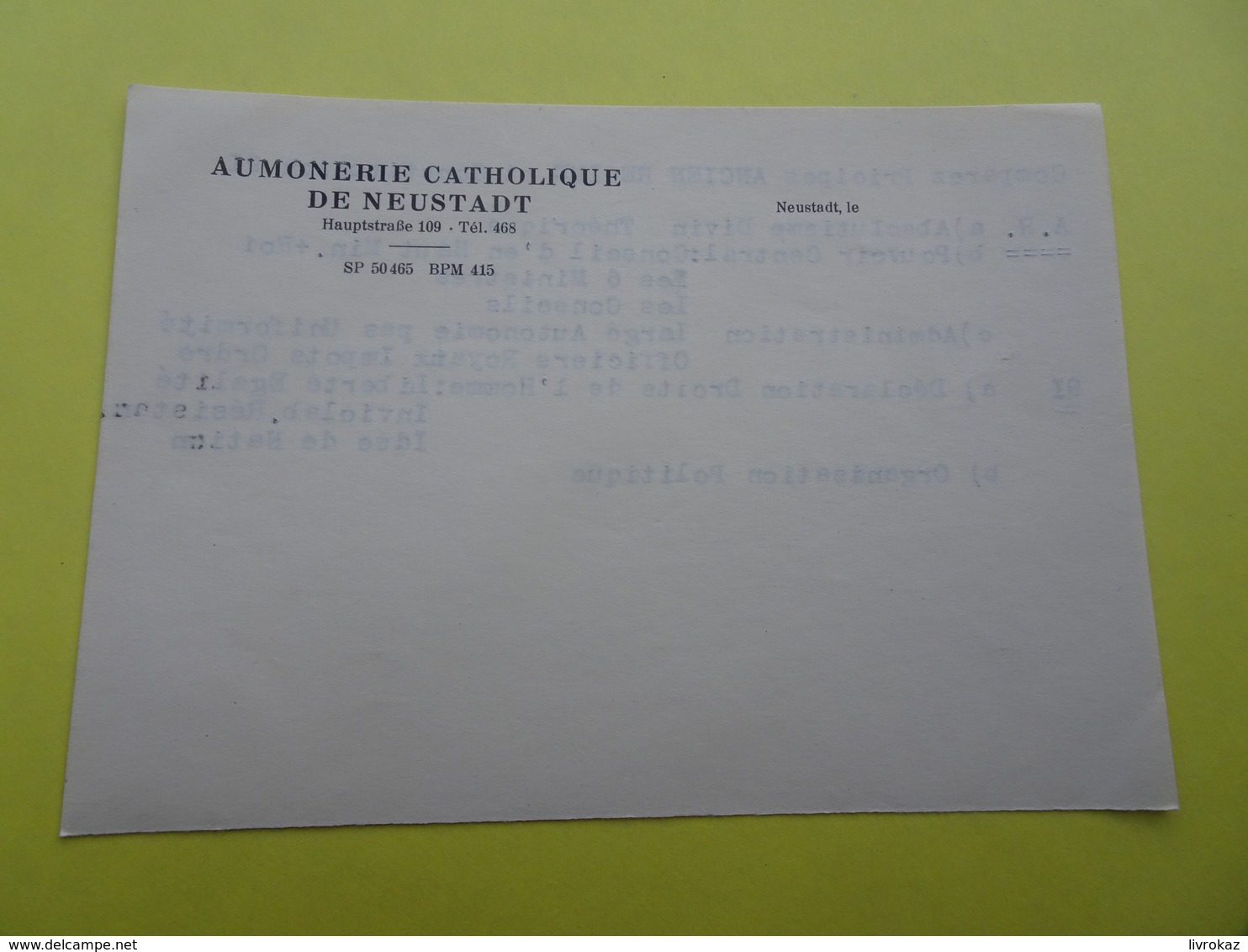 Papier à En-tête Aumonerie Catholique De Neustadt (Strasbourg). Au Dos, Tapuscrit Un Sujet De Devoir D'histoire - Cartes De Visite