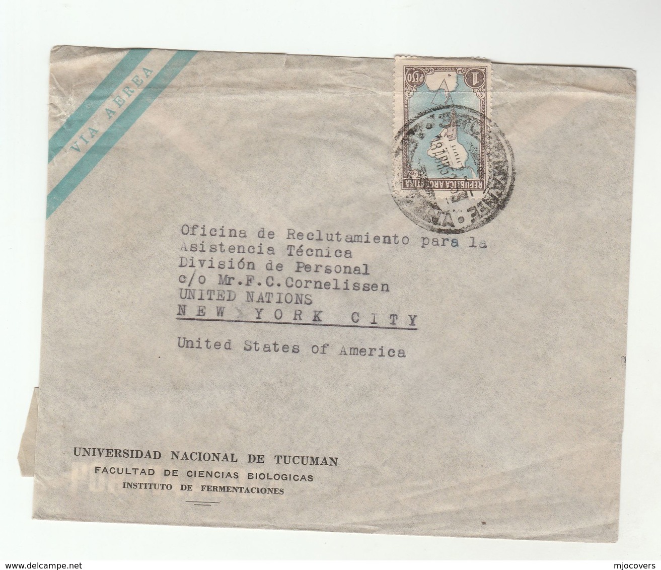 1950s ARGENTINA FERMENTATIONS INST. To UNITED NATIONS TECHNICAL ASSISTANCE UN NY USA Airmail Cover Stamps - UNO