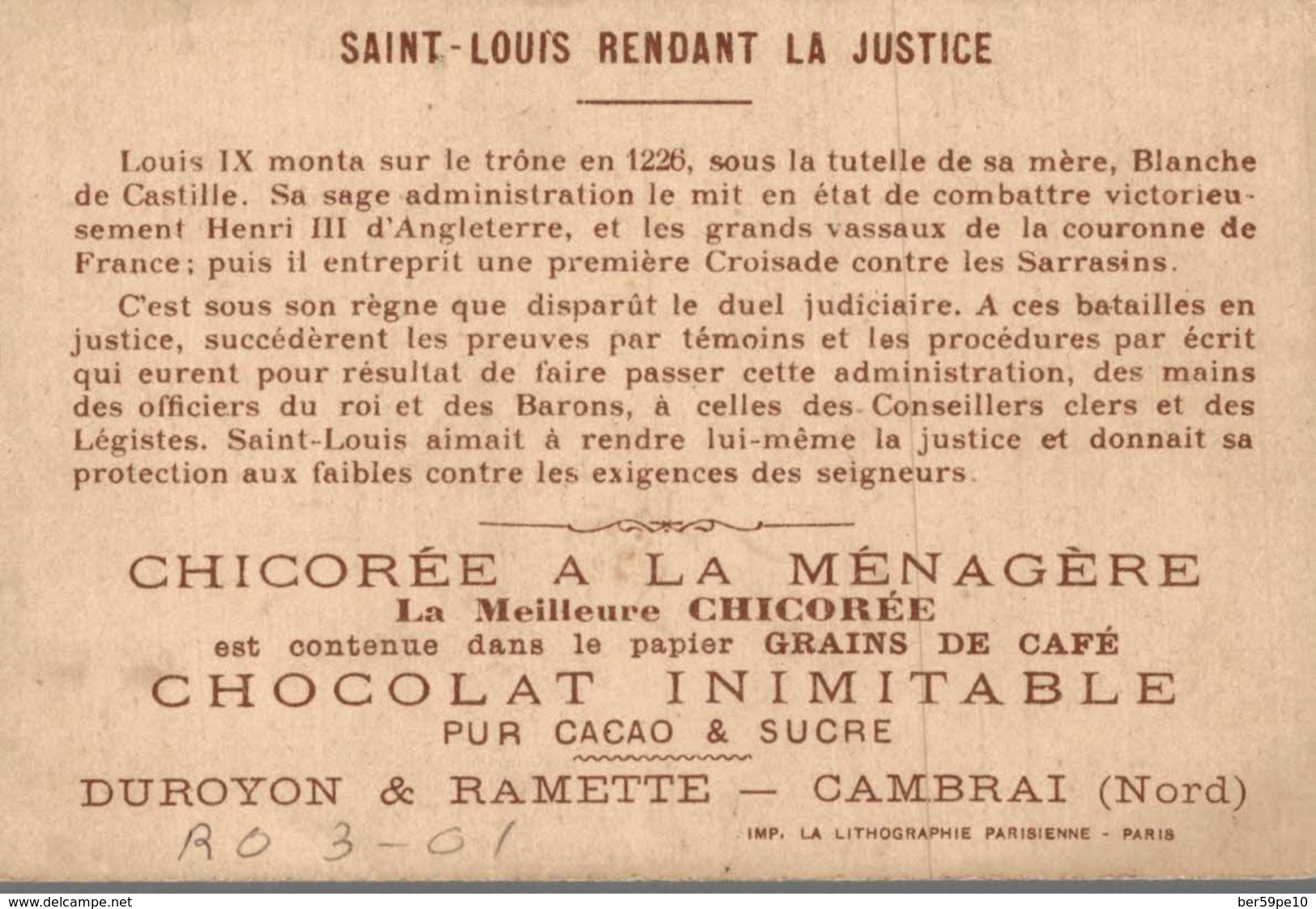 CHROMO CHICOREE EXTRA A LA MENAGERE DUROYON & RAMETTE CAMBRAI  SAINT-LOUIS RENDANT LA JUSTICE - Duroyon & Ramette