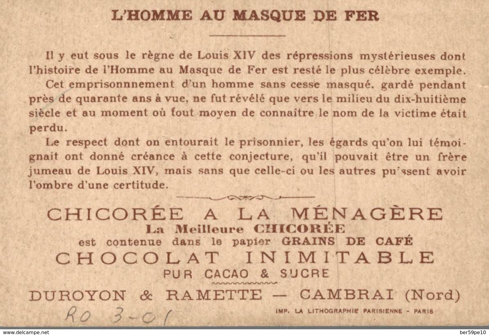 CHROMO CHICOREE EXTRA A LA MENAGERE DUROYON & RAMETTE CAMBRAI  L'HOMME AU MASQUE DE FER - Duroyon & Ramette