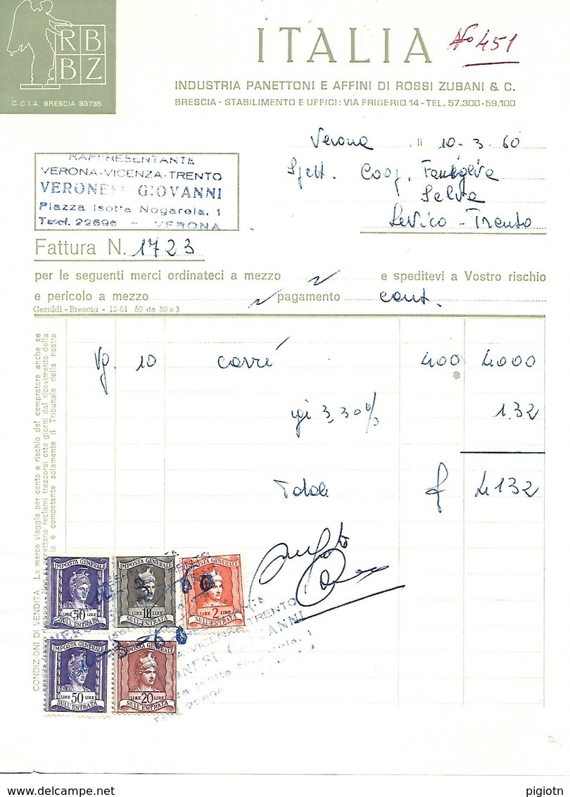 FAT190 - FATTURA 1960- ITALIA - INDUSTRIA PANETTONI E AFFINI DI ROSSI ZUBANI & C - BRESCIA - MARCHE DA BOLLO - Italia