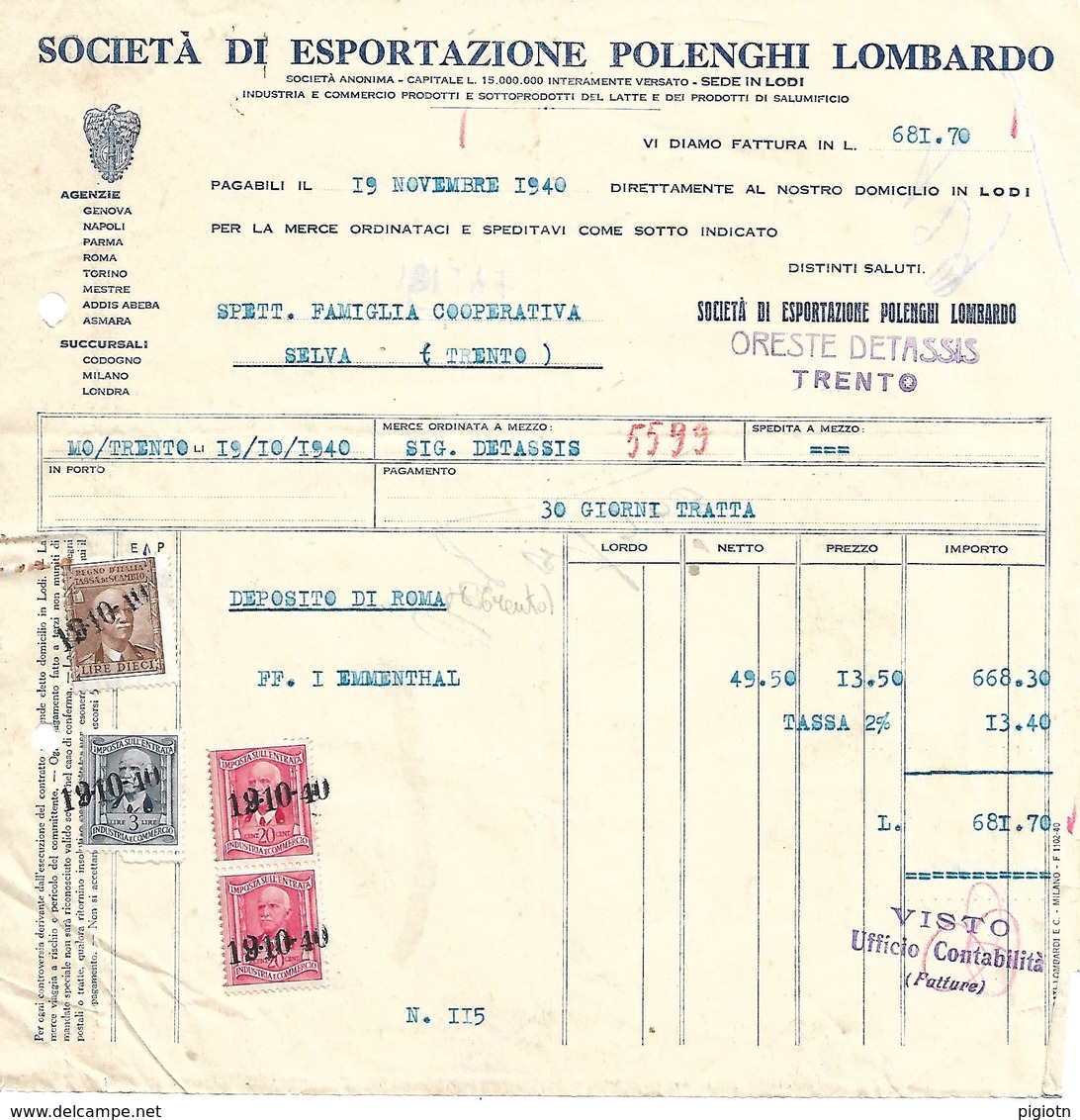 FAT191 - FATTURA 1940- SOCIETA' DI ESPORTAZIONE POLENGHI LOMBARDO - MARCHE DA BOLLO - Italia
