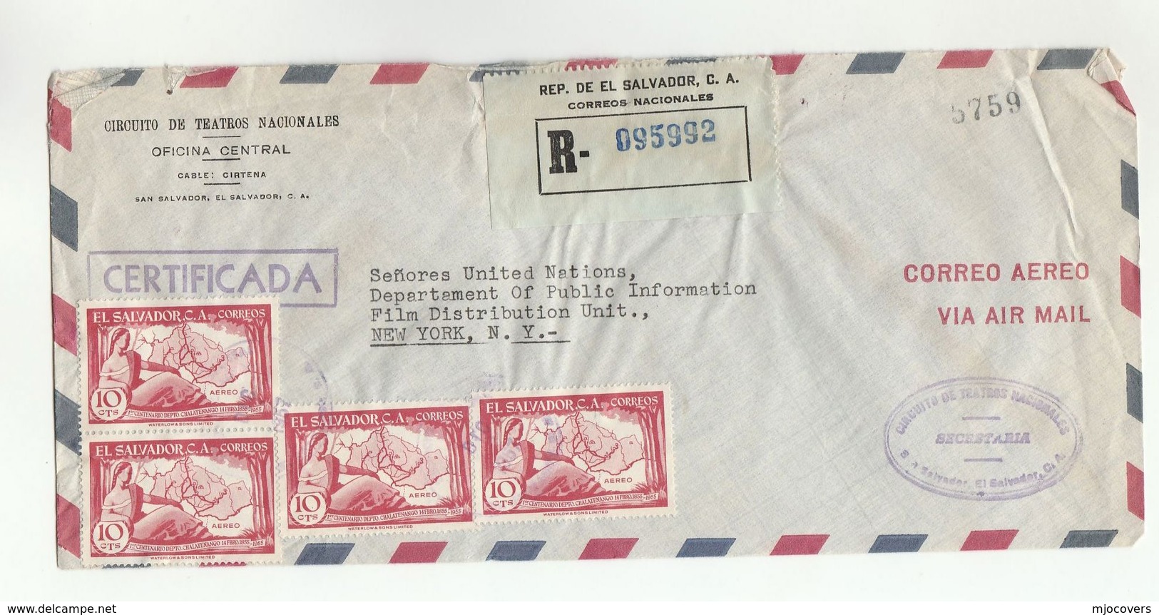 1957 Registered EL SALVADOR To UN NY COVER Airmail National Theatre Circuit To United Nations Usa Chalatenango Stamps - El Salvador