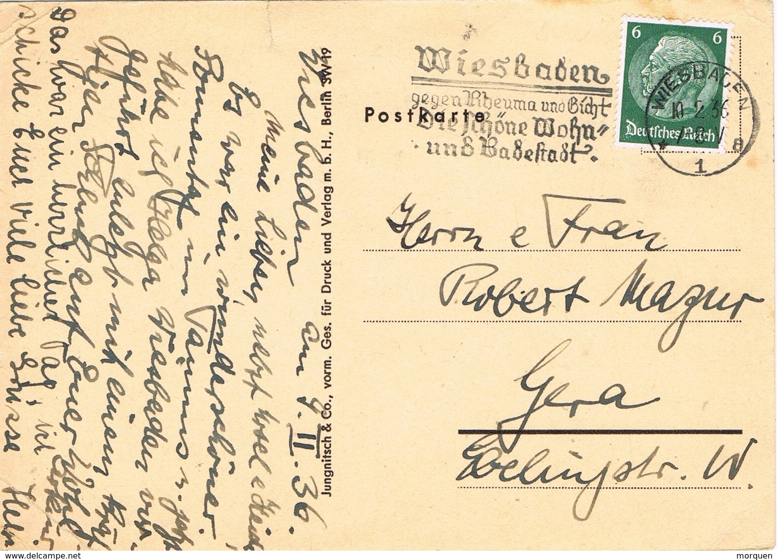 29503. Tarjeta WIESBADEN (Alemania Reich) 1936. MOTTER ENGEL. Restaurant - Cartas & Documentos