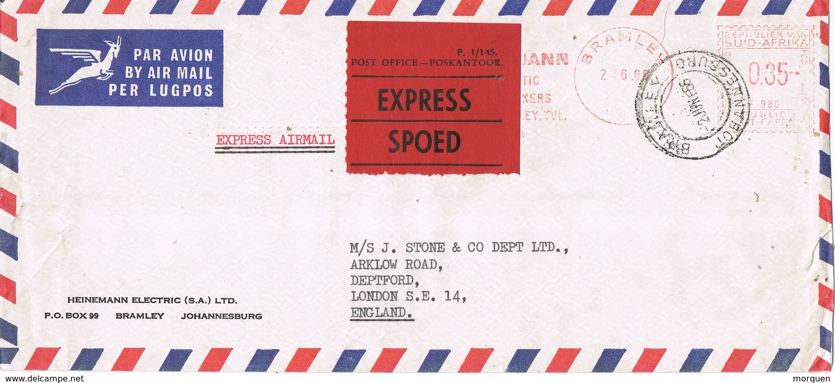 29508. Carta Aerea Express BRAMLEY (Johannesburg) South Africa - Cartas & Documentos