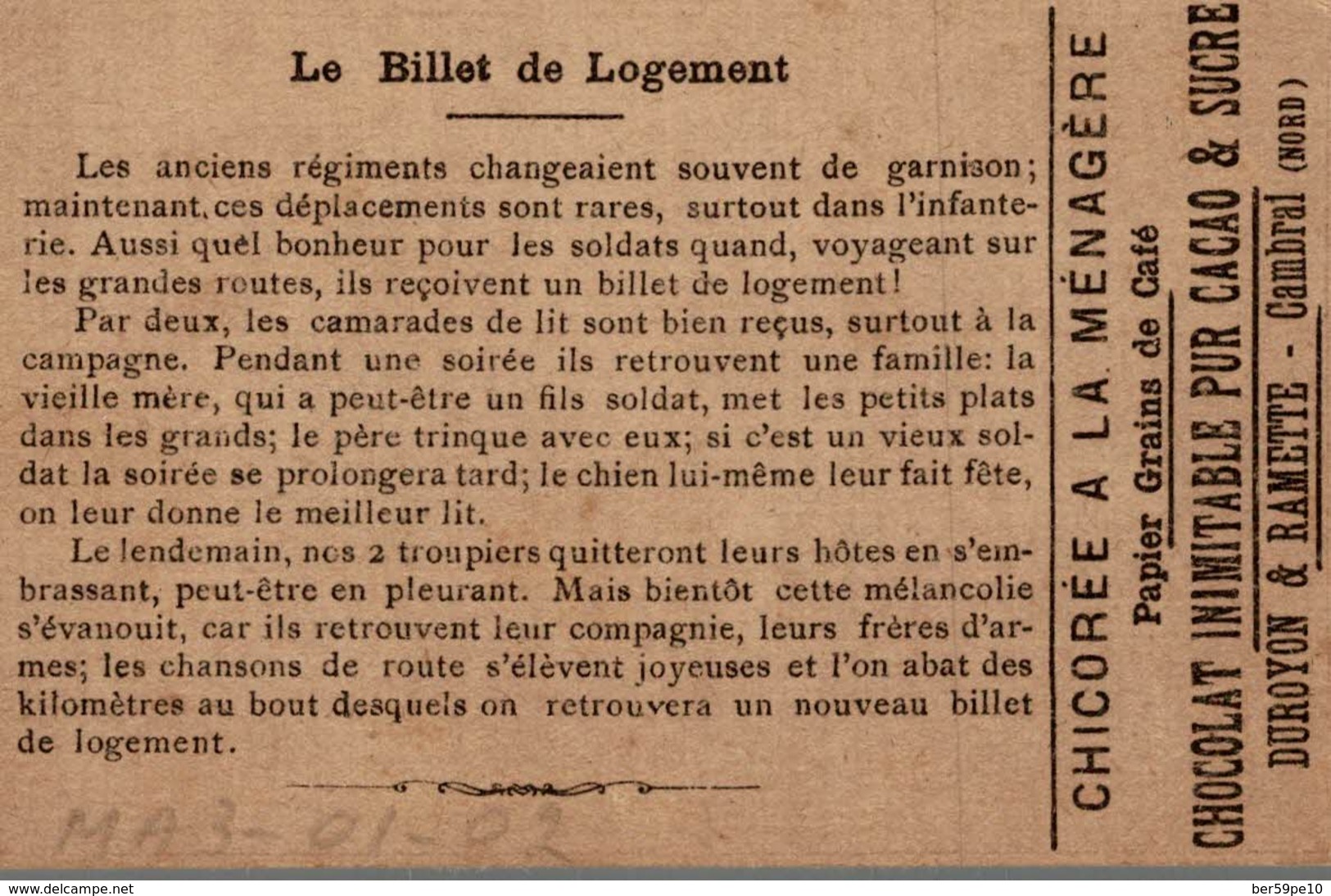 CHROMO CHICOREE EXTRA A LA MENAGERE DUROYON & RAMETTE CAMBRAI  N° 21 LE BILLET DE LOGEMENT - Duroyon & Ramette