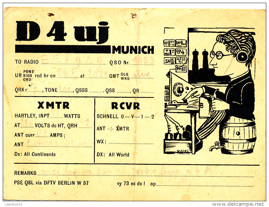 R 82 / CARTE FICHE RADIO AMATEUR     D 4 UJ  MUNICH - Radio Amateur