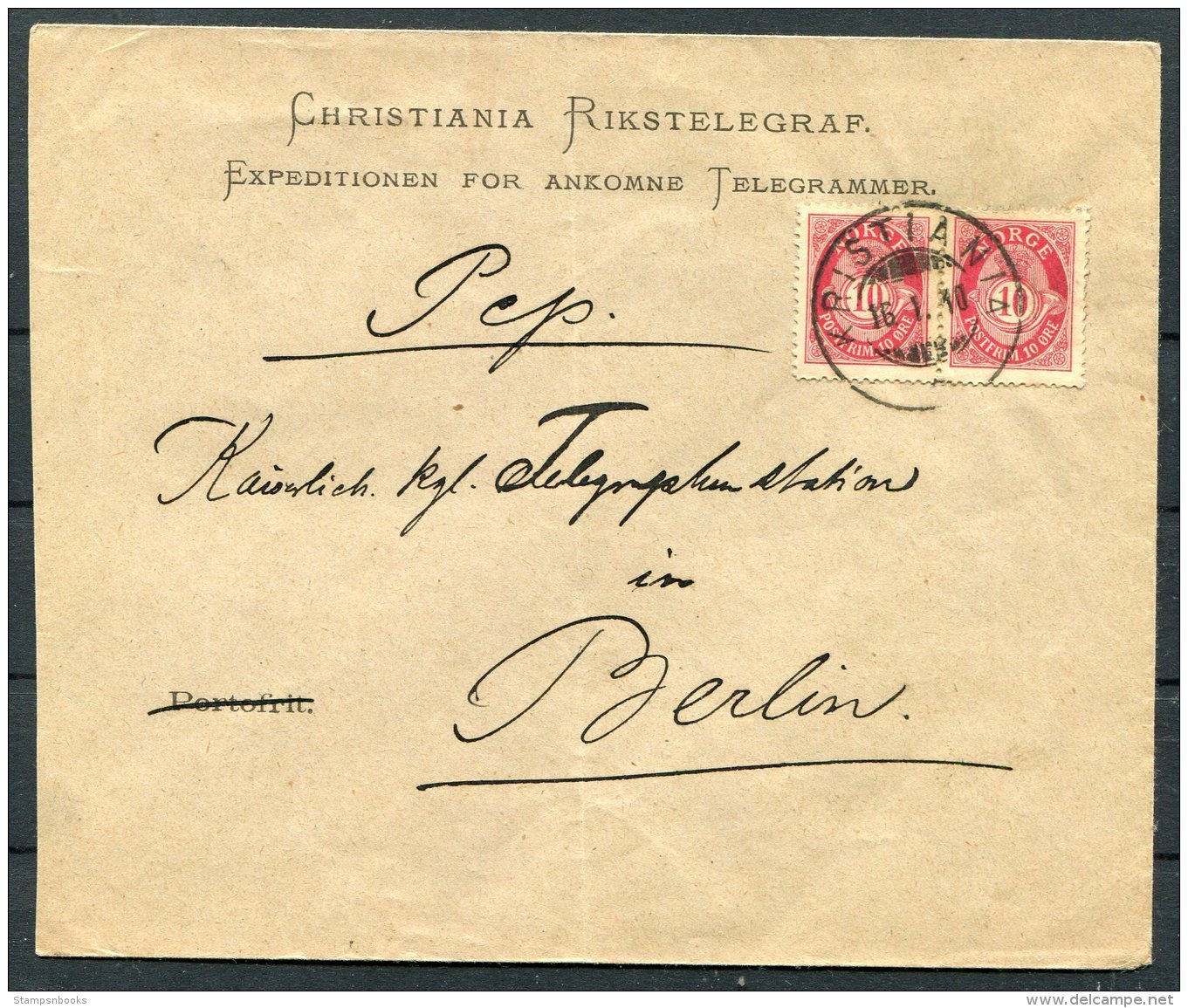 1910 Norway Christiania Rikstelegraf Cover - Berlin Telegraph Station, Germany. 10 Ore Posthorn X 2. - Covers & Documents