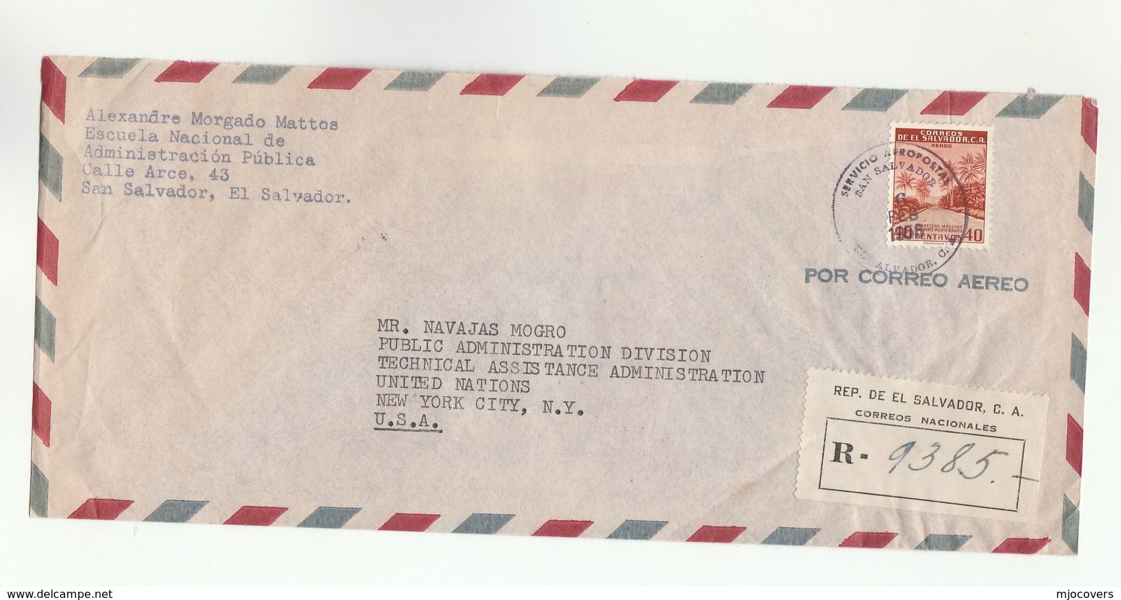 1956 Registered EL SALVADOR To UN NY USA Cover Airmail  United Nations Stamps - El Salvador