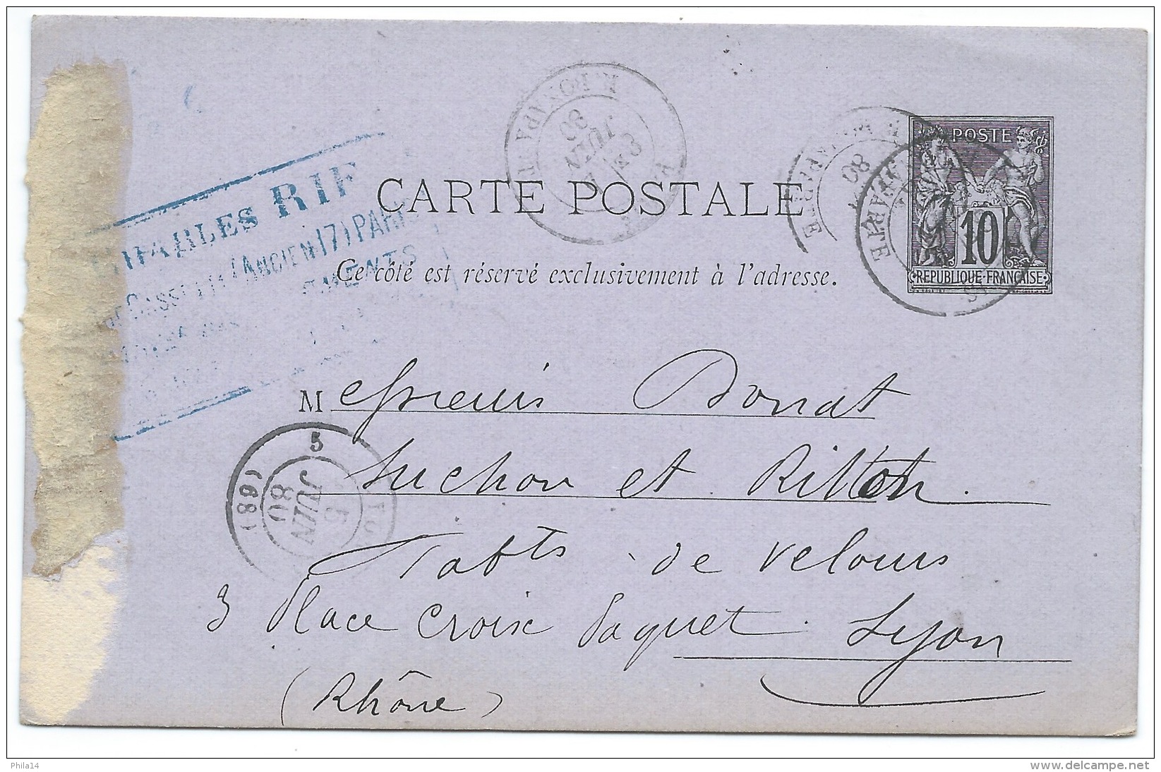 CARTE POSTALE SAGE 10C / PARIS 1880 POUR LYON - 1877-1920: Période Semi Moderne