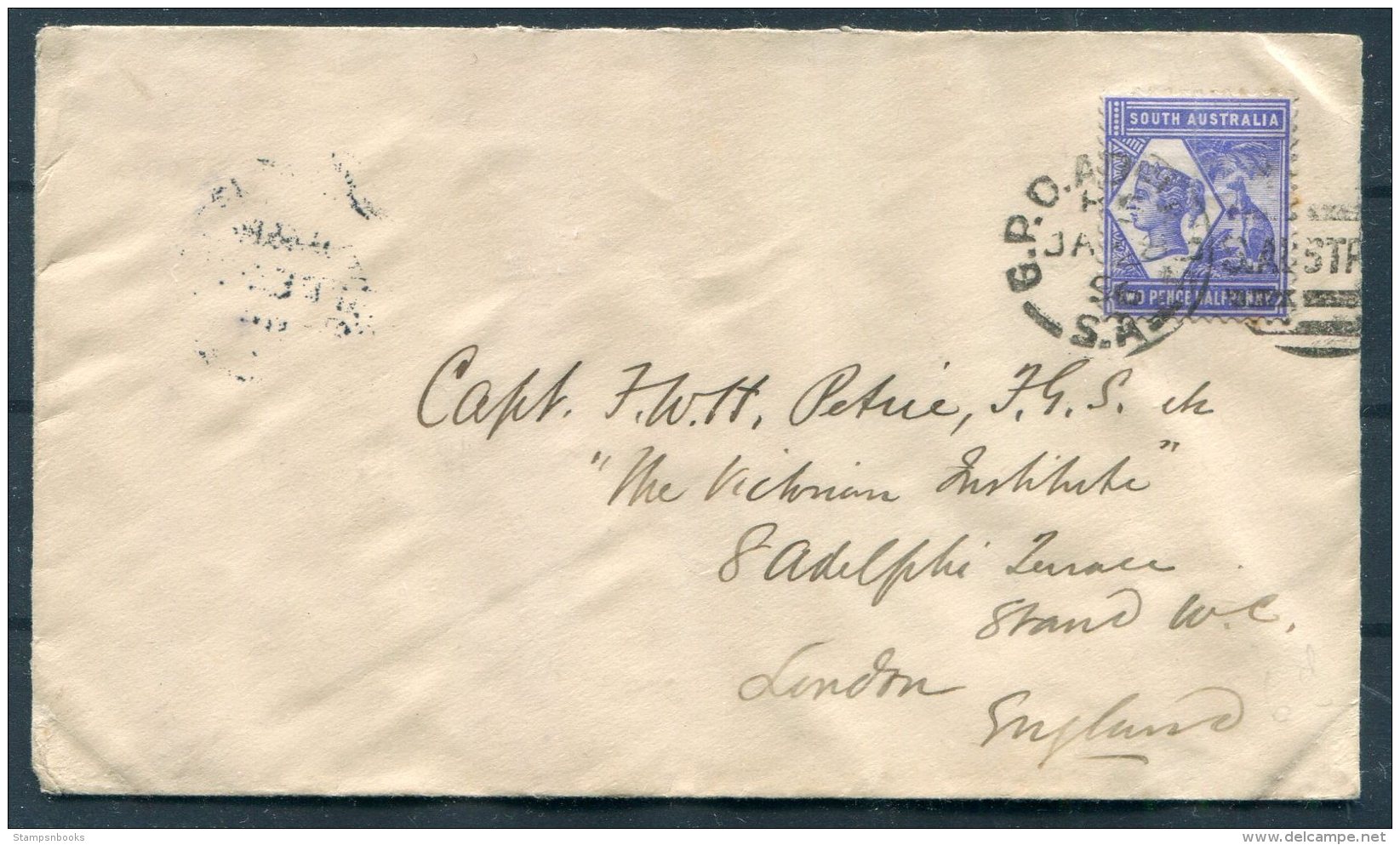 1896 South Australia / GB Adelaide Cover - Captain FWH Petrie 'Victoria Institute' Adelphi Terrance, Strand, London - Covers & Documents