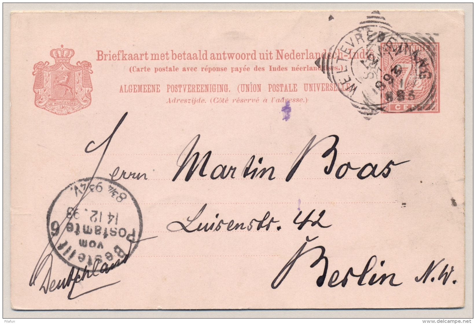 Nederlands Indië - 1893 - 7,5+7,5 Cent Briefkaart G13, Echt Gebruikt Van Semarang Naar Berlin / Deutschland - Nederlands-Indië